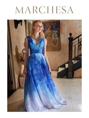 MARCHESA NOTTE V-Neck Printed Organza Gown